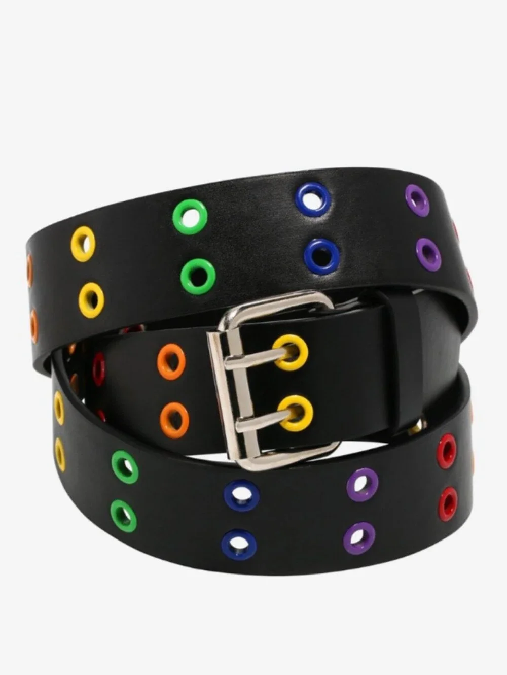 Y2k Black Double Grommet Women's Belt with Multicolor  Rainbow Eyelet Detail